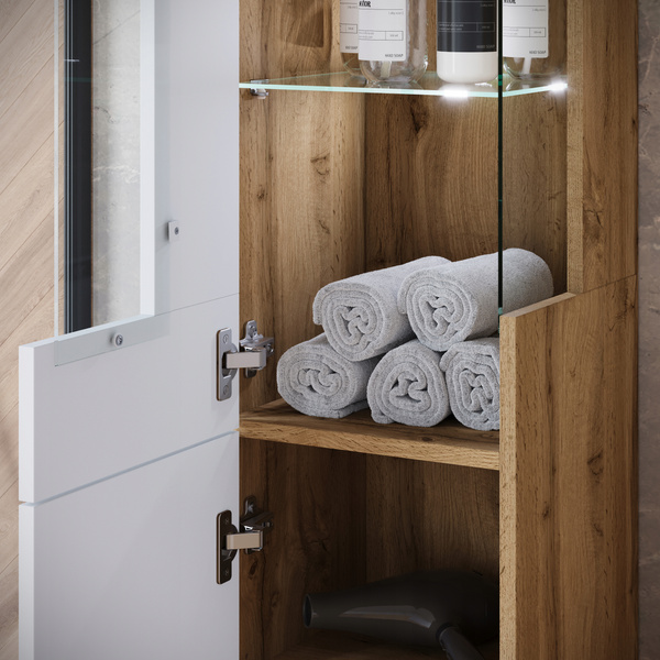 Meble łazienkowe NAIROBI umywalka, lustro DĄB WOTAN / BIAŁY POŁYSK