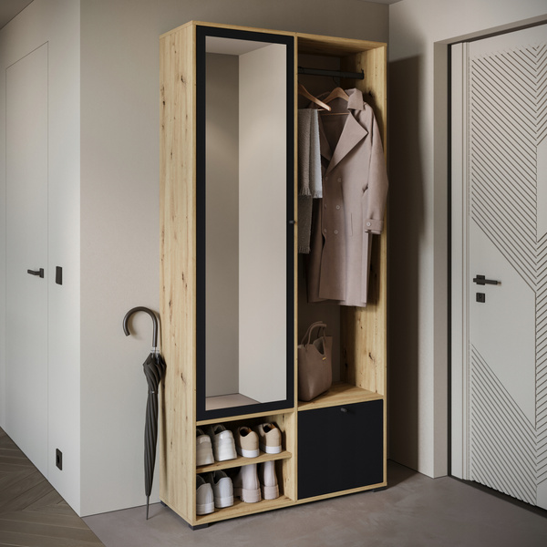 Garderoba DINO, lustro, wieszak DĄB ARTISAN / CZARNY GRAFIT