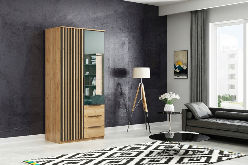 Szafa loftowa SORENTO 100cm lustro, lamele DĄB CRAFT ZŁOTY / CZARNY
