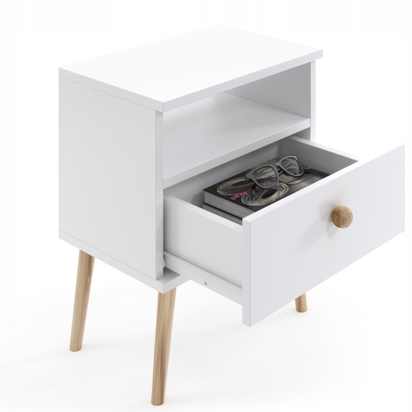 Stolik nocny BOHO z szufladą, drewniane nogi BIAŁY MAT