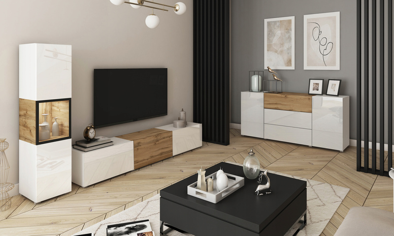Meblościanka BERLIN Zestaw Mebli, Salon Dąb Wotan / Biały Połysk