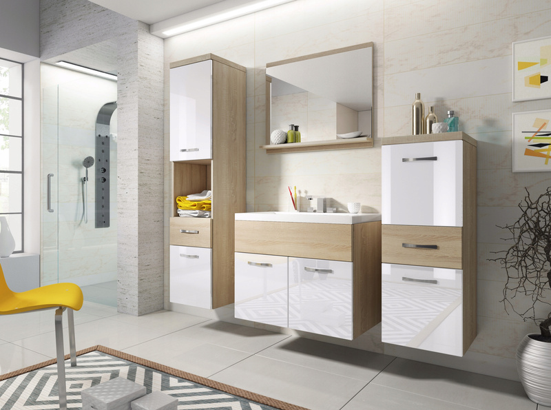 Meble łazienkowe ALBA DĄB SONOMA / BIAŁY POŁYSK, umywalka, lustro