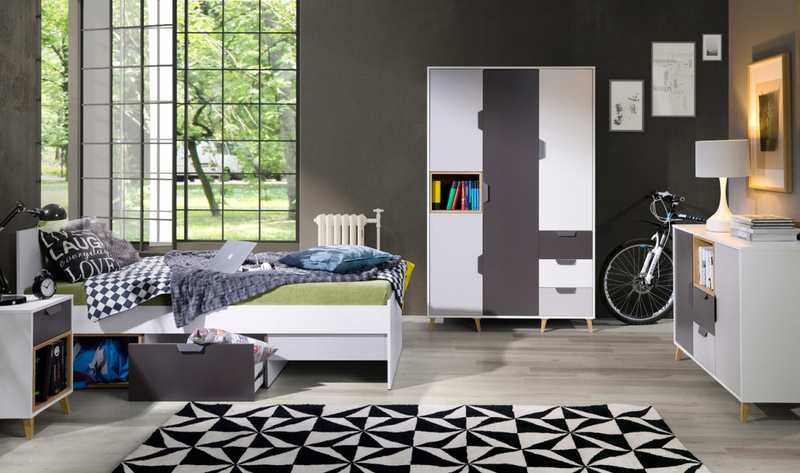Meble Młodzieżowe JOKER, Zestaw mebli Biały / Grafit / Szary / Dąb Lefkas