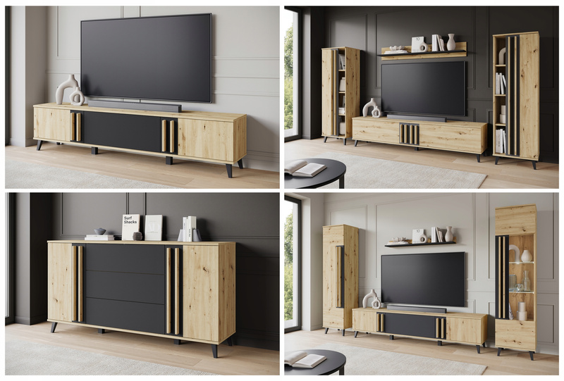 Meblościanka HELSINKI I Zestaw mebli, salon, Dąb Artisan / Czarny Grafit