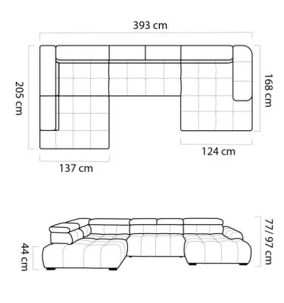 Narożnik BULL XL 393 cm, Elektryczny wysuw siedziska, Zagłówki