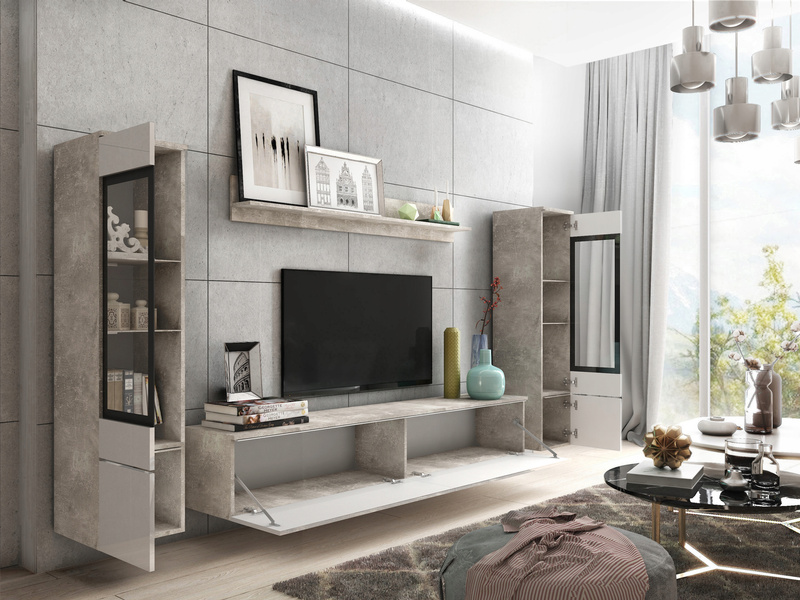 Meblościanka Zestaw mebli VERA II salon Beton / Biały Połysk