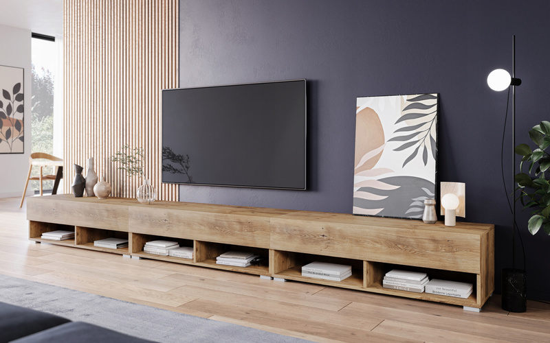 Szafka RTV Lowboard A 300cm DĄB WOTAN / CZARNY POŁYSK