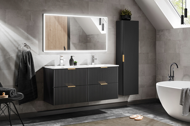 Meble łazienkowe ADEL BLACK 120, Umywalka dwukomorowa, Syfon, Lustro LED