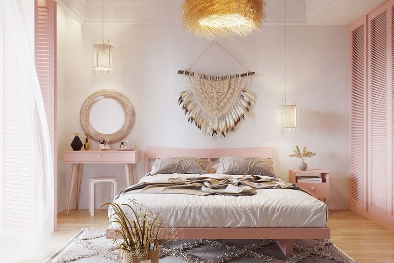 Konsola BOHO z szufladą, drewniane nogi RÓŻ