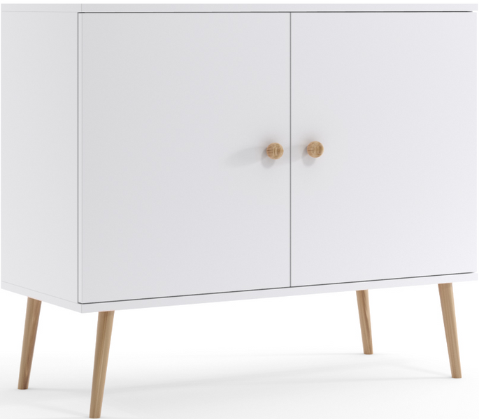 Komoda BOHO drewniane nogi, uchylne drzwi BIAŁY MAT