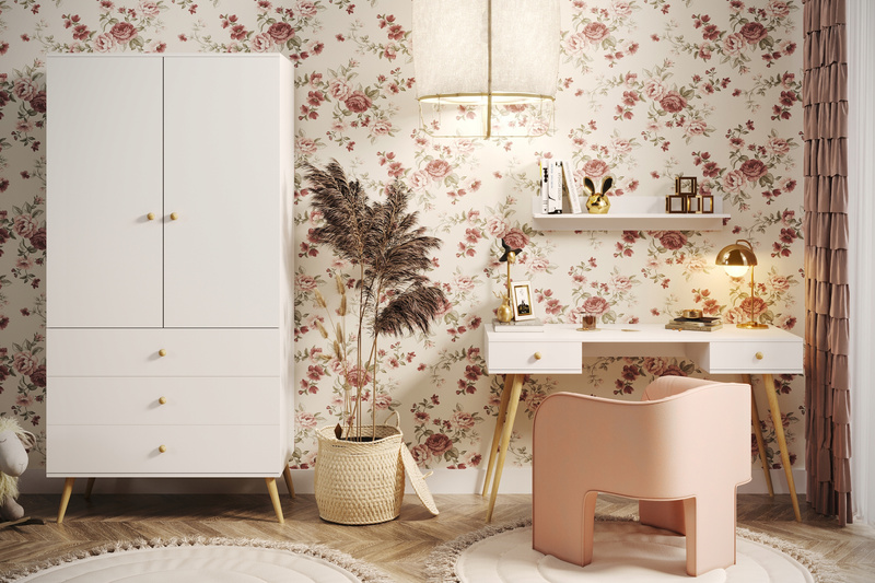 Szafa BOHO uchylna, drewniane nogi BIAŁY MAT trzy szuflady + drążek