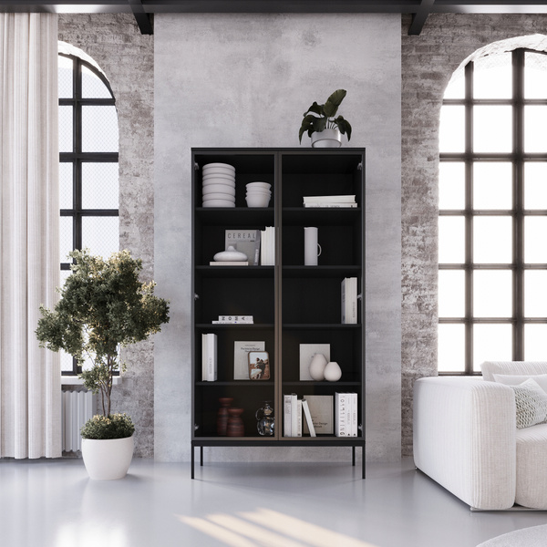 Regał INDUST witryna 190cm, szklane drzwi, metalowe nogi CZARNY