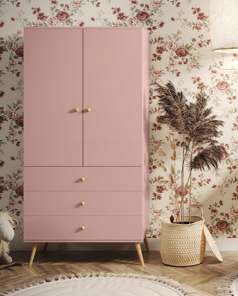 Szafa BOHO uchylna, drewniane nogi RÓŻ trzy szuflady + drążek