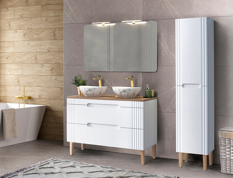 Meble łazienkowe FIJI WHITE 120-2, 2x Umywalka nablatowa, Lustro, 2x LED