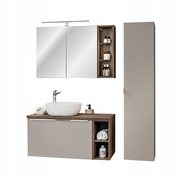 Meble łazienkowe SANTA FE TAUPE 100, Umywalka, Szafka z Lustrem, LED