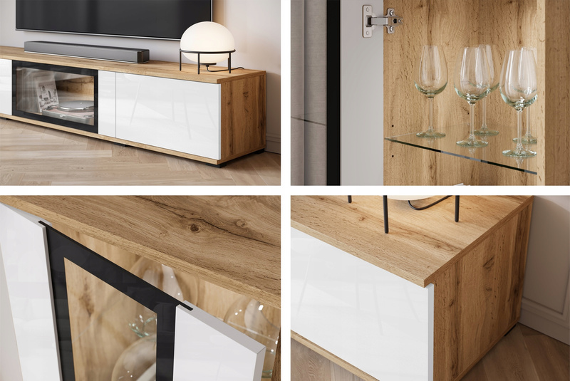 Meblościanka CARO Zestaw mebli, salon Dąb Wotan / Biały Połysk