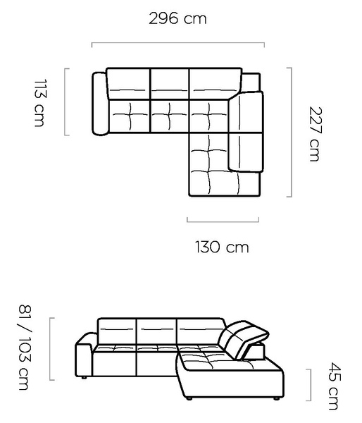 Narożnik COLOMBO L 296 cm, Elektryczny wysuw siedziska, Pojemnik