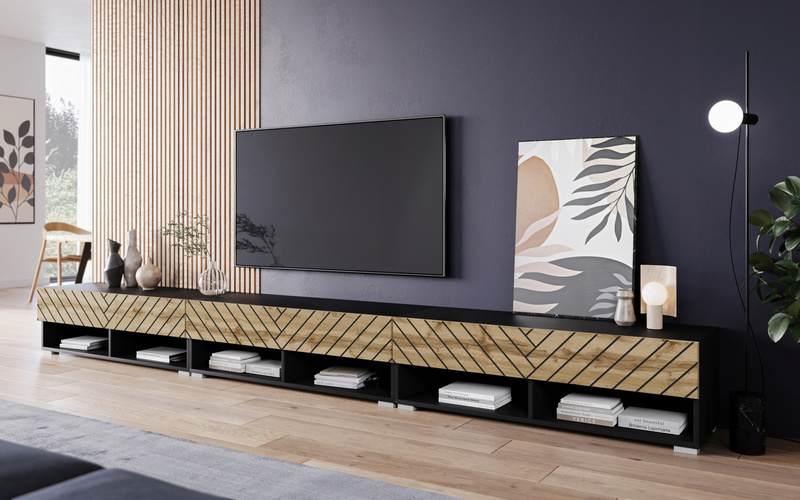Szafka RTV Lowboard A 300cm Czarny Grafit / Dąb Wotan Jodełka MDF