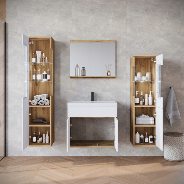 Meble łazienkowe NAIROBI umywalka, lustro DĄB WOTAN / BIAŁY POŁYSK