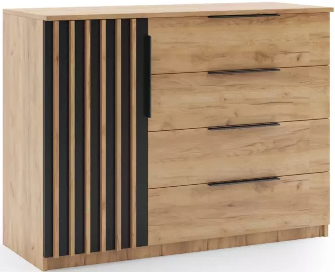 Komoda loftowa SORENTO 120cm lamele szuflady Dąb Craft Złoty / Czarny