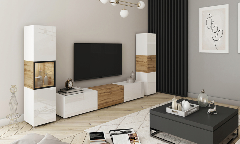Meblościanka BERLIN III Zestaw Mebli, Salon Dąb Wotan / Biały Połysk