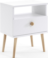 Stolik nocny BOHO z szufladą, drewniane nogi BIAŁY MAT