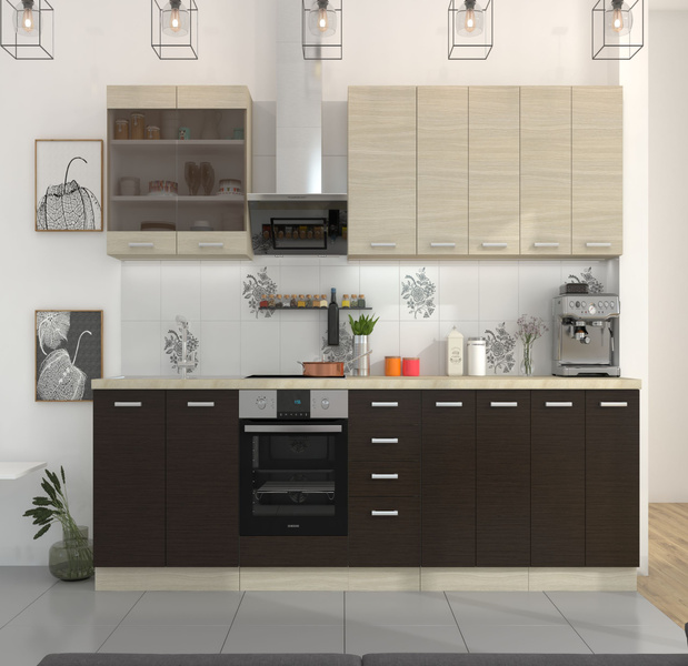 Meble Kuchenne CHAMONIX 300 cm, DĄB FERRARA, LEGNO CIEMNE