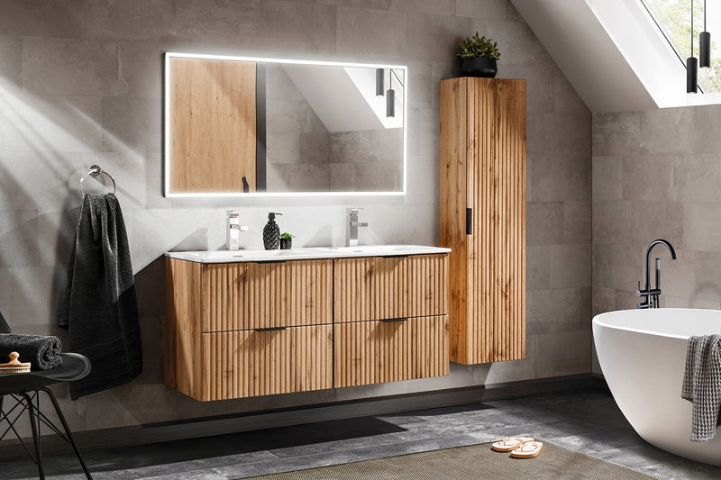 Meble łazienkowe ADEL OAK 120, Zestaw mebli z umywalkami, Lustro LED 120