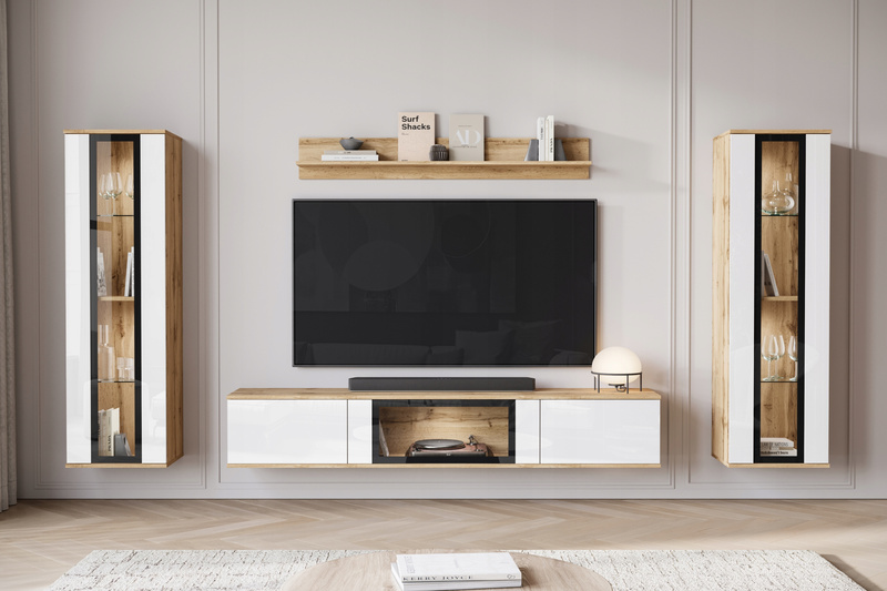 Meblościanka CARO Zestaw mebli, salon Dąb Wotan / Biały Połysk