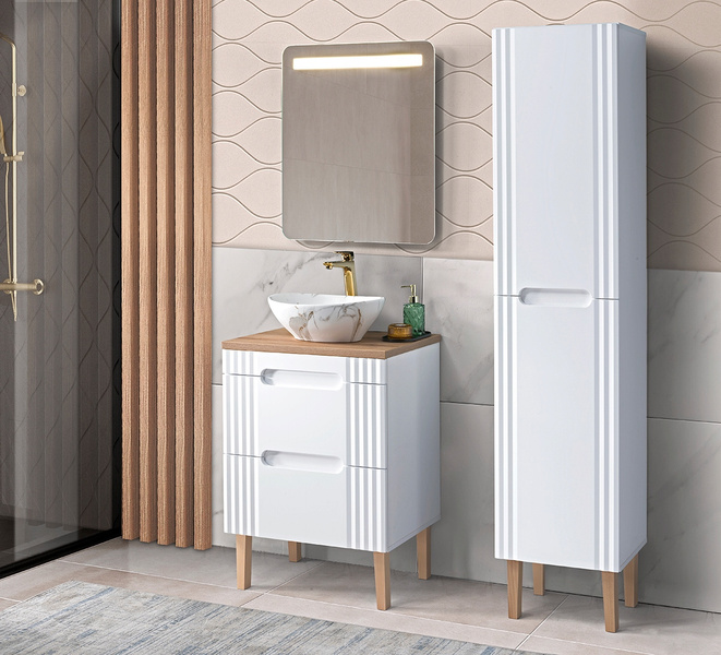 Meble łazienkowe FIJI WHITE 60, Umywalka jednokomorowa, Lustro, Lampka LED