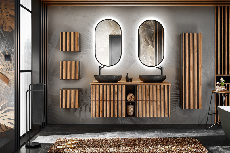 Meble łazienkowe XILO 120-2, Umywalka, 2xLustro LED, 2xSyfon, Wotan/Szary