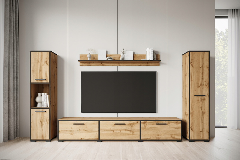 Meblościanka BOGOTA Zestaw mebli, salon Dąb Wotan / Krawędź Czarny Grafit