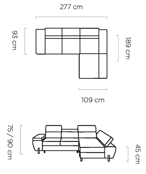 Narożnik z funkcją spania MOLINA S 277cm, Zagłówki, Pojemnik, Sprężyny