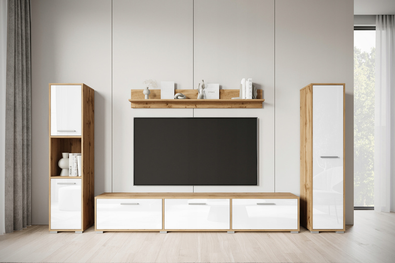 Meblościanka Zestaw mebli BOGOTA XL salon Dąb Wotan / Biały Połysk