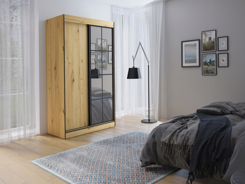 Szafa przesuwna OSLO II 120cm, Szafa z Lustrem Biały / Czarny