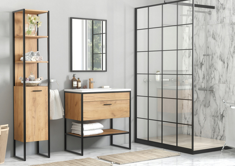 Szafka pod umywalkę 90cm, Meble łazienkowe BROOKLIN Dąb Craft Złoty/Czarny