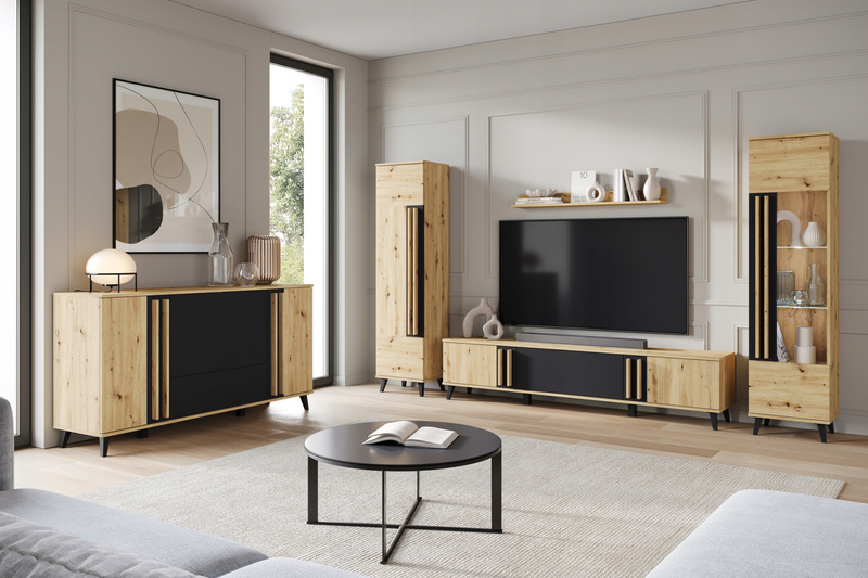 Meblościanka HELSINKI II Zestaw mebli, salon, Dąb Artisan / Czarny Grafit