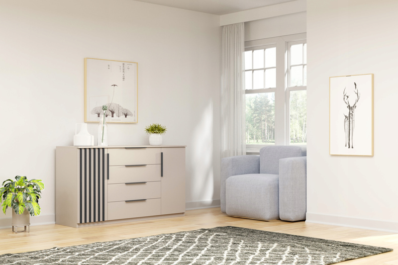 Komoda loftowa SORENTO 160cm lamele szuflady Kaszmir / Czarny