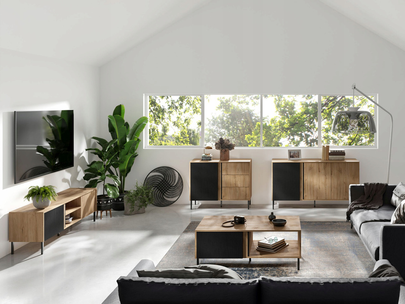 Komoda MIA 2, Komoda 145cm, Meble do Salonu MIA, MDF, Dąb Odwieczny /Czarny