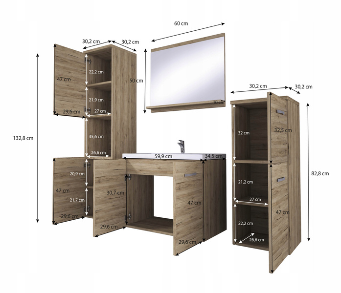 Meble łazienkowe MALO, lustro, umywalka DĄB LEFKAS