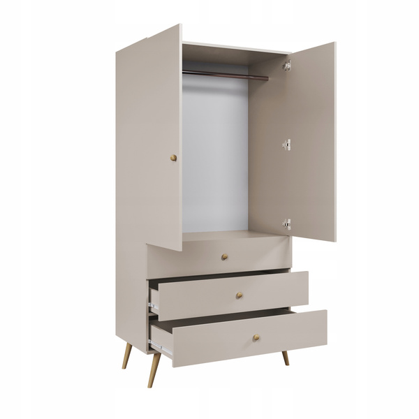 Szafa BOHO uchylna, drewniane nogi KASZMIR trzy szuflady + drążek