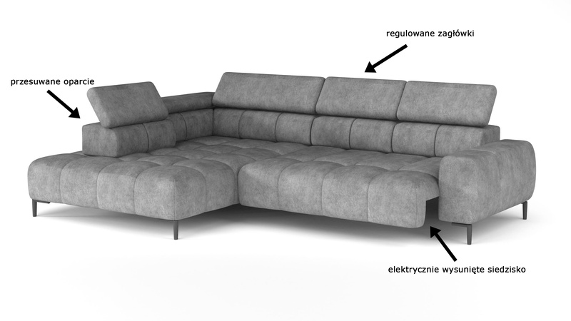 Narożnik PLAZA L 300 cm, Elektryczna regulacja siedziska, Zagłówki