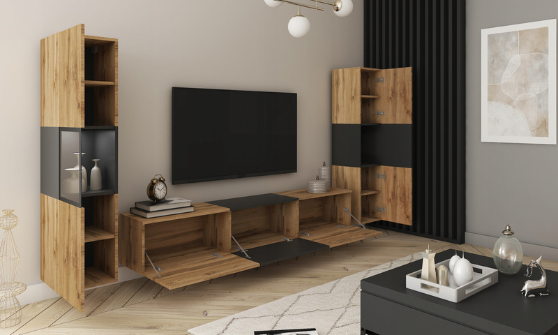 Meblościanka BERLIN III Zestaw Mebli, Salon Dąb Wotan / Czarny