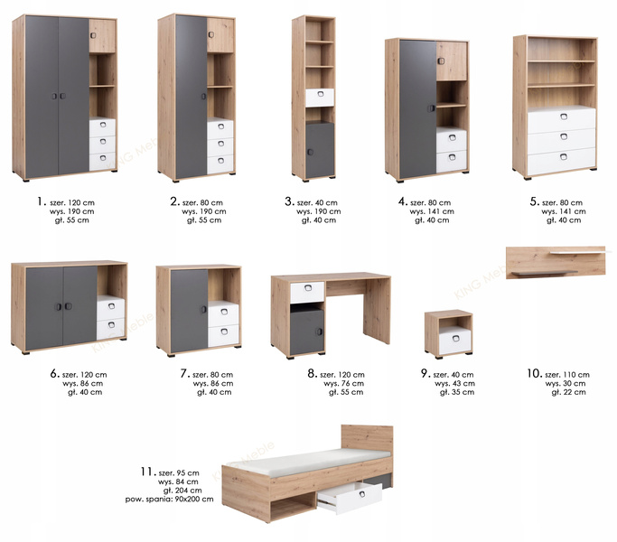 Biurko KEVIN 8 120cm z szufladą, Meble Młodzieżowe Dąb / Grafit / Biały