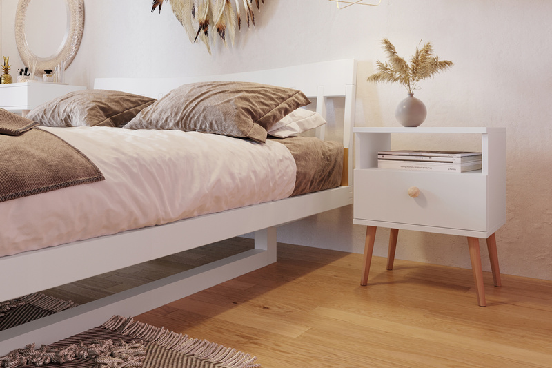 Stolik nocny BOHO z szufladą, drewniane nogi KASZMIR