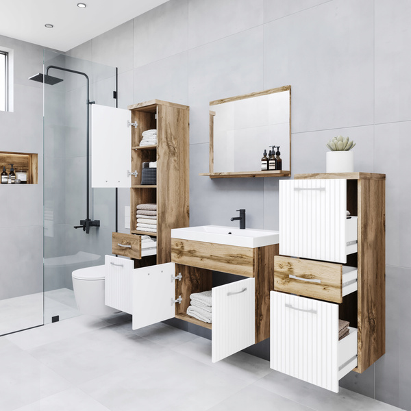 Meble łazienkowe ALBA DĄB WOTAN / BIAŁE RYFLE MDF, lustro, umywalka