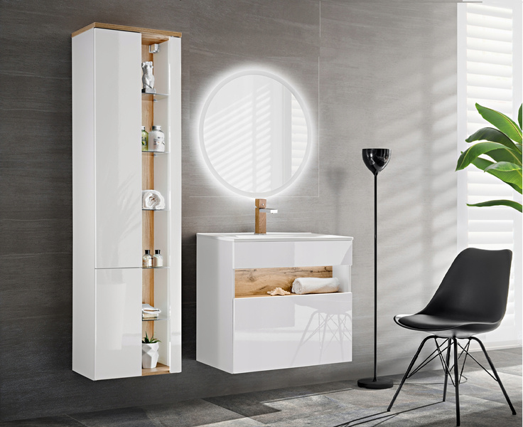 Szafka z lustrem 80cm, 2 drzwi, Meble BAHAMA BIAŁY / DĄB WOTAN