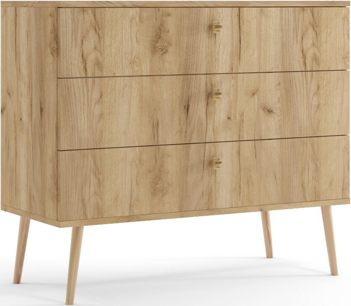 Komoda BOHO drewniane nogi, trzy szuflady DĄB CRAFT ZŁOTY