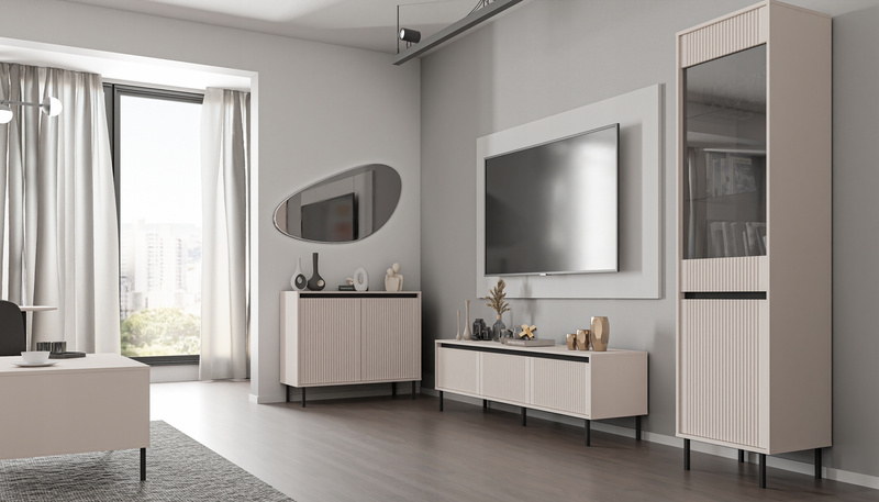 Zestaw mebli OSAKA Komoda + Szafka RTV + Witryna + Stolik BEŻ PIASKOWY