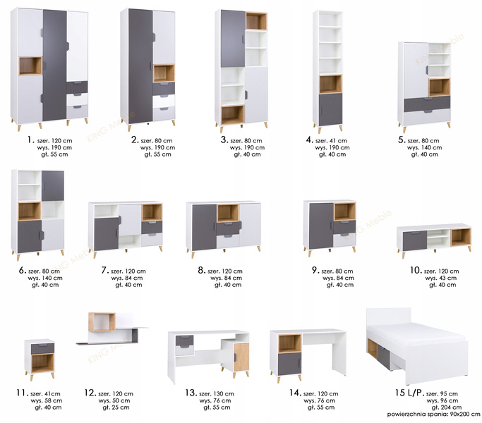 Meble Młodzieżowe JOKER, Zestaw mebli Biały / Grafit / Szary / Dąb Lefkas